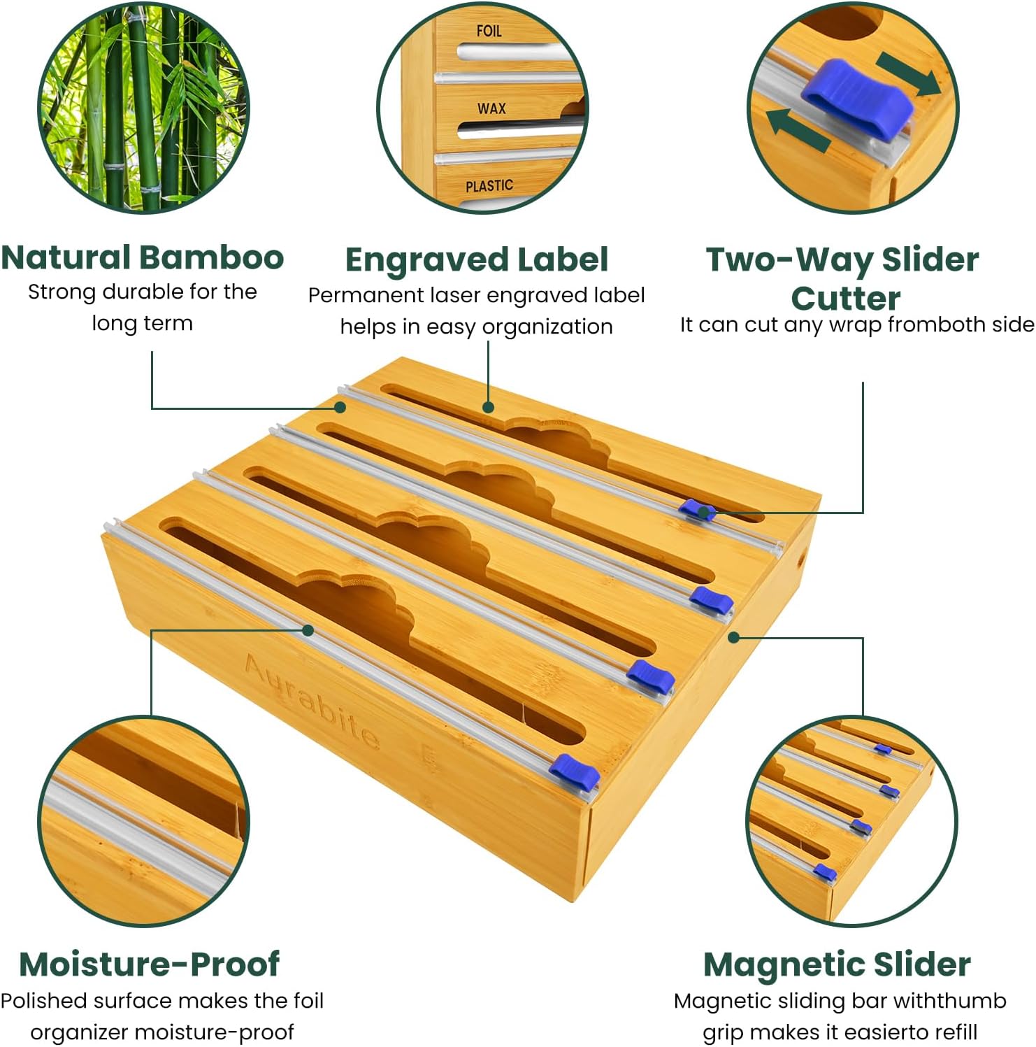 Bamboo 4 in 1 Saran Wrap Dispenser with Cutter & Labels - Foil & Plastic Wrap Organizer - Aluminum Foil Wax & Parchment Wrapping Paper Storage for Kitchen Drawer - 12" Roll - Image 3