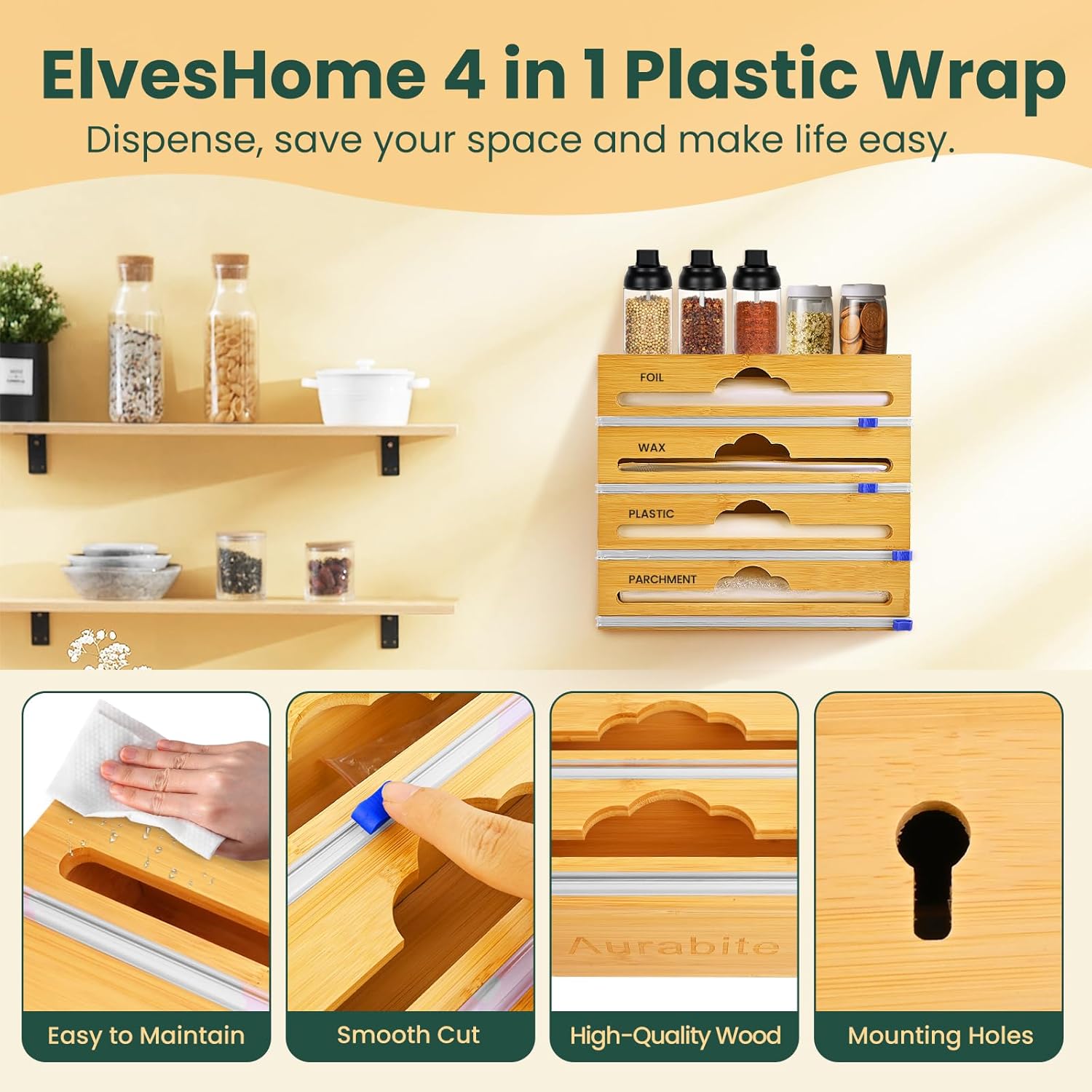 Bamboo 4 in 1 Saran Wrap Dispenser with Cutter & Labels - Foil & Plastic Wrap Organizer - Aluminum Foil Wax & Parchment Wrapping Paper Storage for Kitchen Drawer - 12" Roll - Image 5