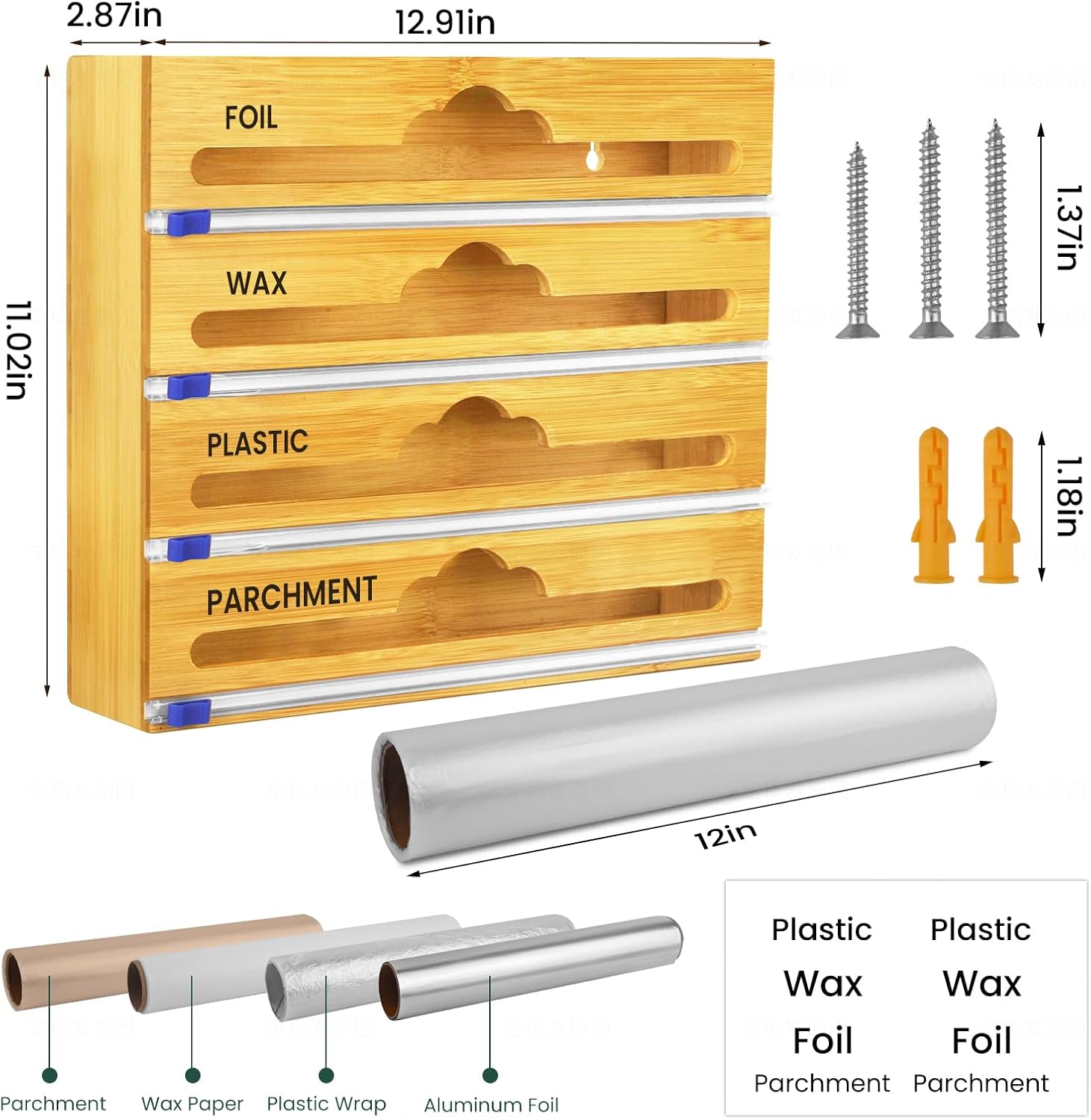Bamboo 4 in 1 Saran Wrap Dispenser with Cutter & Labels - Foil & Plastic Wrap Organizer - Aluminum Foil Wax & Parchment Wrapping Paper Storage for Kitchen Drawer - 12" Roll - Image 2
