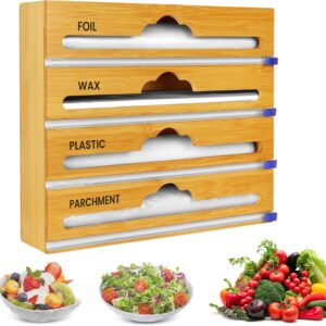 Bamboo 4 in 1 Saran Wrap Dispenser with Cutter & Labels - Foil & Plastic Wrap Organizer - Aluminum Foil Wax & Parchment Wrapping Paper Storage for Kitchen Drawer - 12" Roll