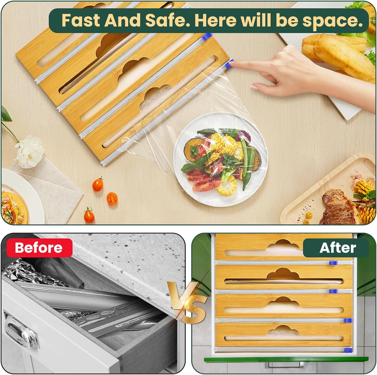 Bamboo 4 in 1 Saran Wrap Dispenser with Cutter & Labels - Foil & Plastic Wrap Organizer - Aluminum Foil Wax & Parchment Wrapping Paper Storage for Kitchen Drawer - 12" Roll - Image 6