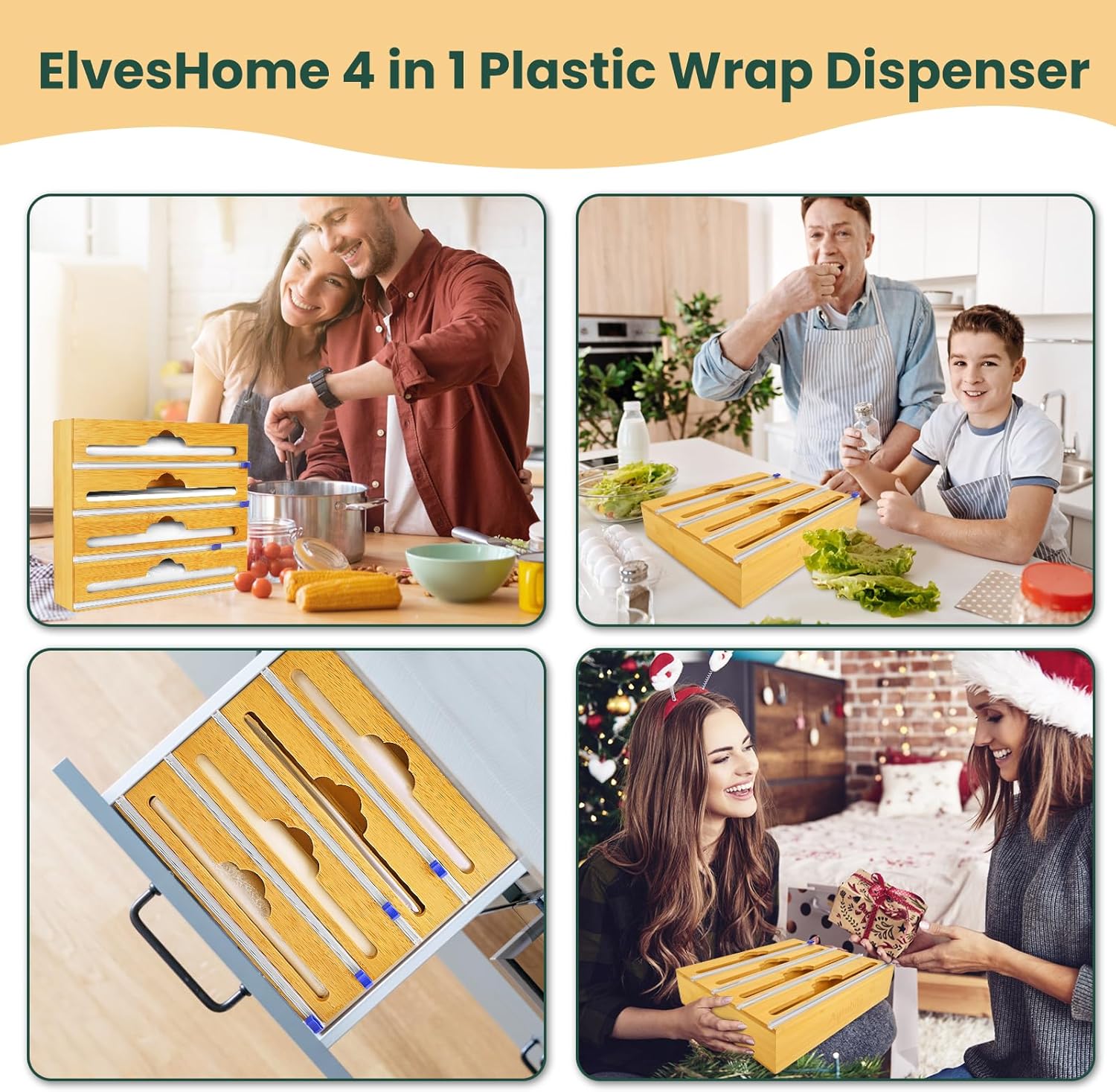 Bamboo 4 in 1 Saran Wrap Dispenser with Cutter & Labels - Foil & Plastic Wrap Organizer - Aluminum Foil Wax & Parchment Wrapping Paper Storage for Kitchen Drawer - 12" Roll - Image 7