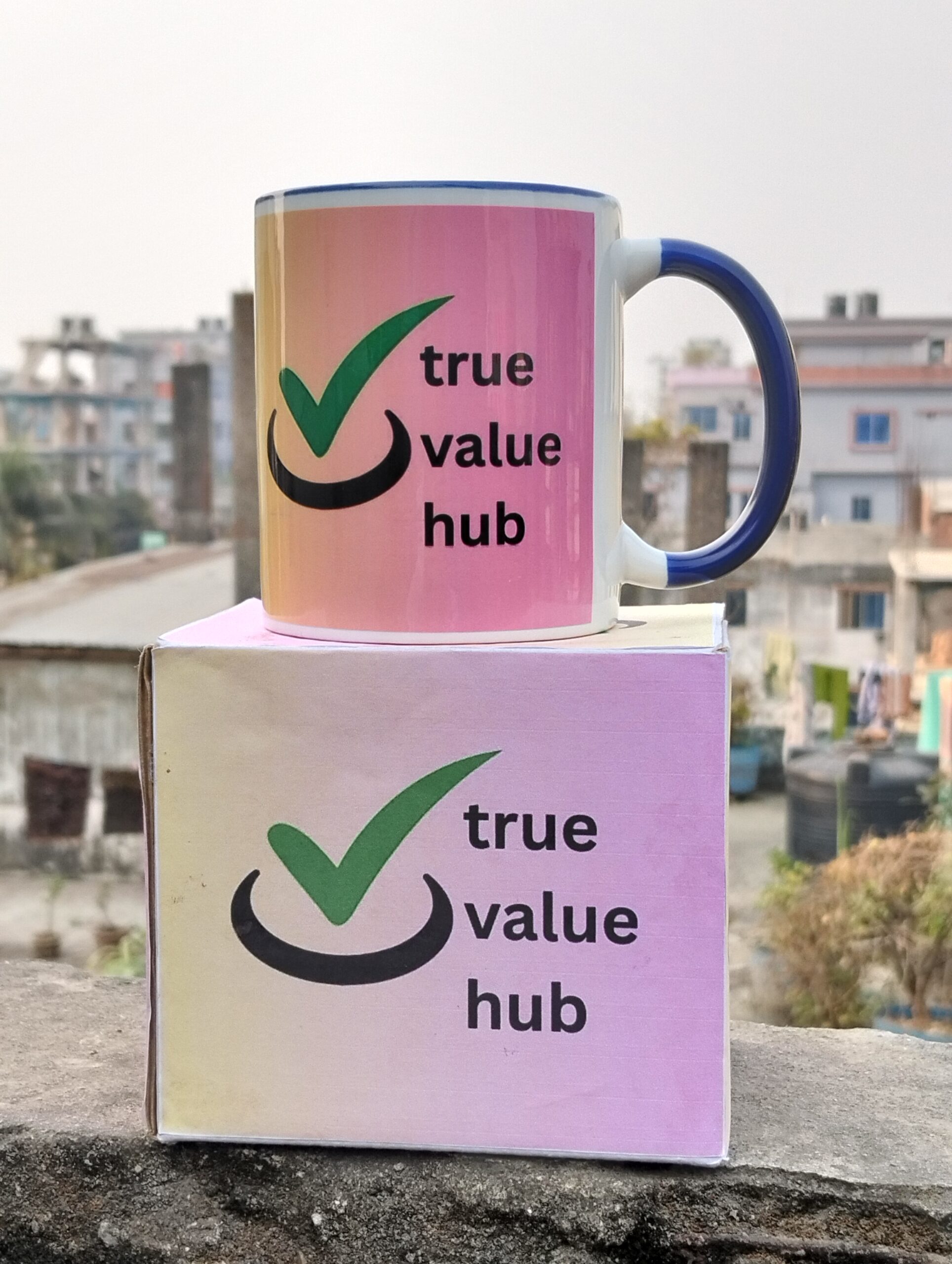 True Value Hub Coffee Mug – Premium Ceramic Tea & Coffee Cup, Gradient Color Design with Blue Handle, 11 Oz Durable Mug for Home & Office - Image 4